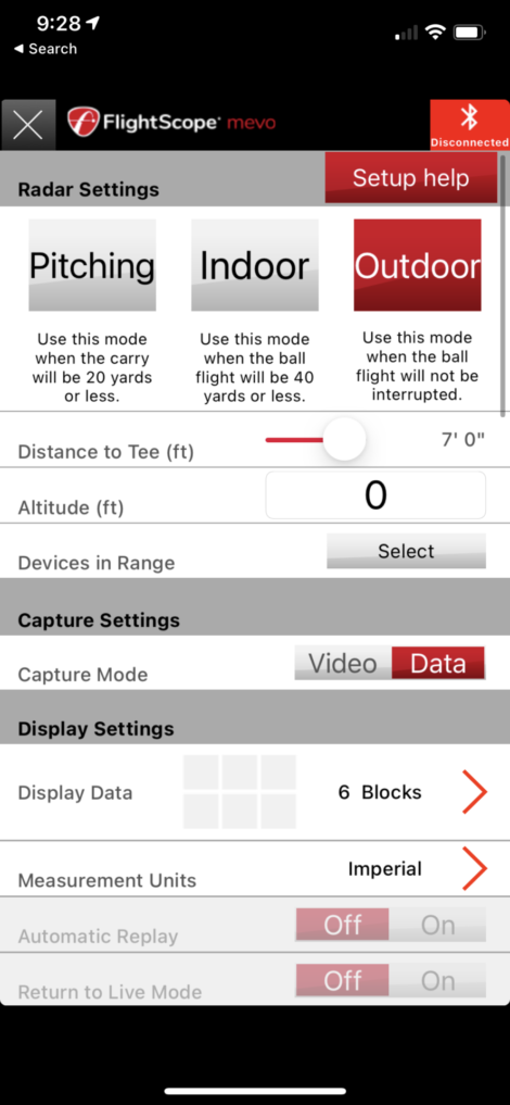FlightScope Mevo Settings